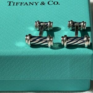 Tiffany & Co. Sterling Silver and Blue Enamel Striped Cufflinks